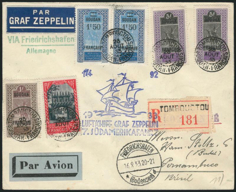 French Sudan Zeppelin Flight Cover.> Six pictorials tied by Tombouctou Sudan Francais Aug. 23 1933 double-circle datestamps on registered cover to Brazil, 7th South America Flight cachet, appropriate
backstamps, Very Fine, scarce
