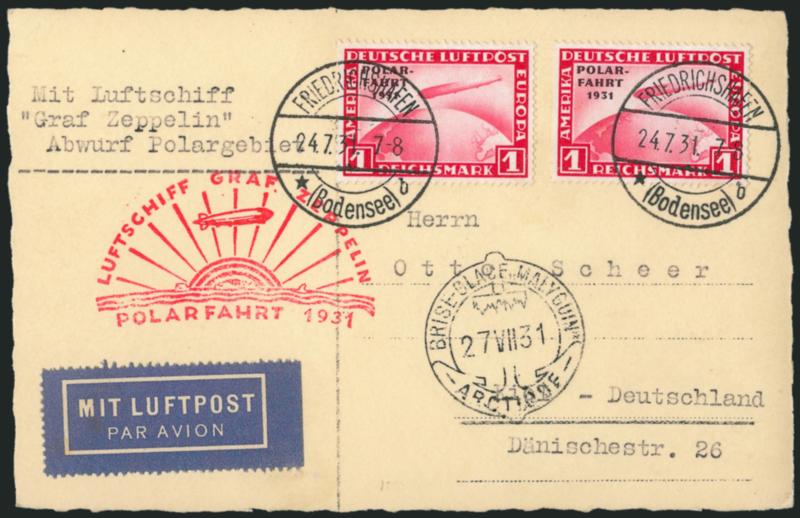 Germany, 1930-33, 1m-4m Zeppelins (C38-C40, C43-C44).> Twelve stamps on eleven covers or cards, nice variety of flights and markings, several with additional franking, Fine-Very Fine lot