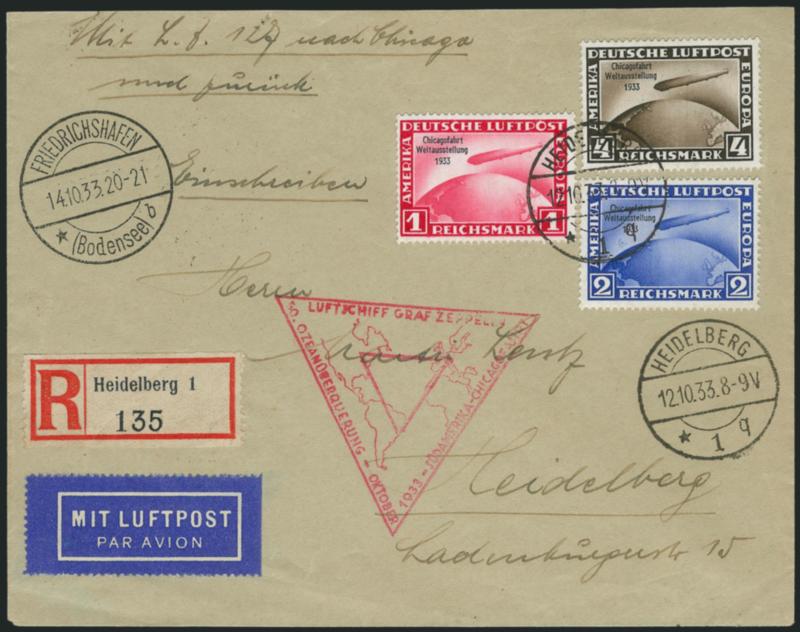 Germany, 1933, 1m-4m Chicago Flight (C43-C45).> Complete set tied on registered cacheted flight cover by Heidelberg Oct. 12, 1933 circular datestamp, Friedrichshafen transit, Fine-Very Fine