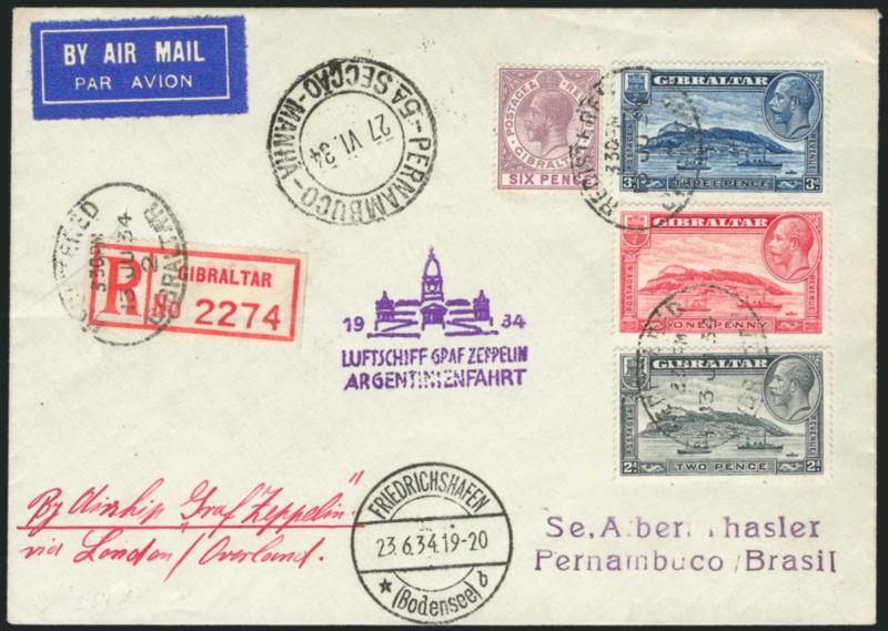 1934, June 23-July 6 Argentina Flight, Gibraltar to Pernambuco, Brazil (Sieger 254).> Registered cacheted flight cover with four different Gibraltar stamps, tied and with proper transits, fresh and Very Fine,
colorful usage, ex Sieger