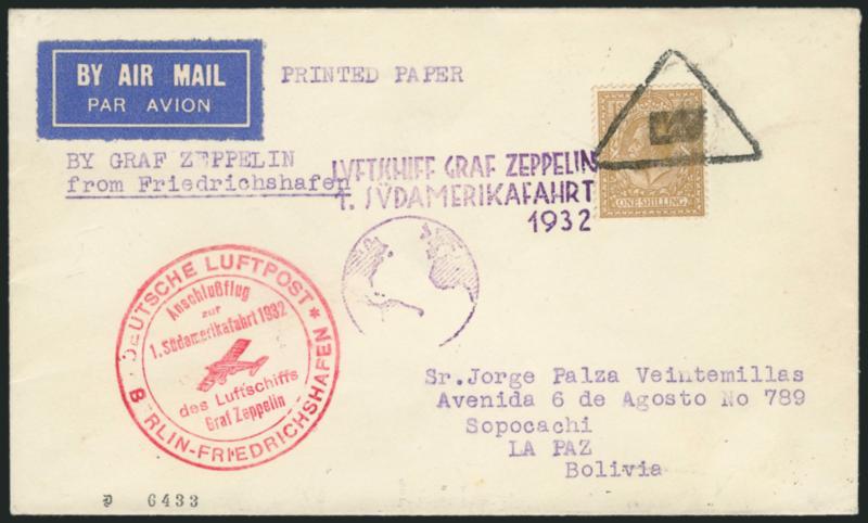 1932, March 21-29 1st South America Flight, Great Britain to La Paz, Bolivia (Sieger 138B).> 1sh King George V tied by bold triangle with rectangular block in center, on cacheted flight cover (purple Zeppelin
and red Berlin connecting flight), typewr