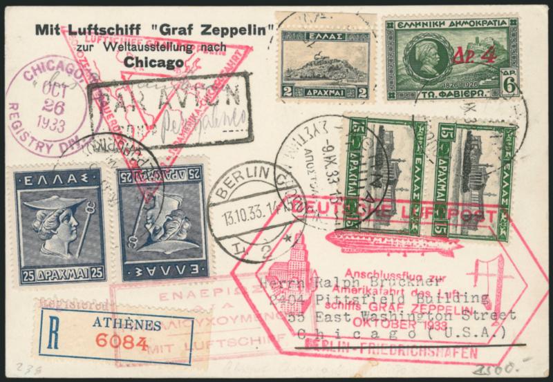 1933, October 14-November 2 Century of Progress Flight, Greece to Chicago (Sieger 238E),> card with six stamps tied by Greek circular datestamps, incl. two each Nos. 231 and 333 totaling 86 drachma postage,
registry use on preprinted Chicago Flight c