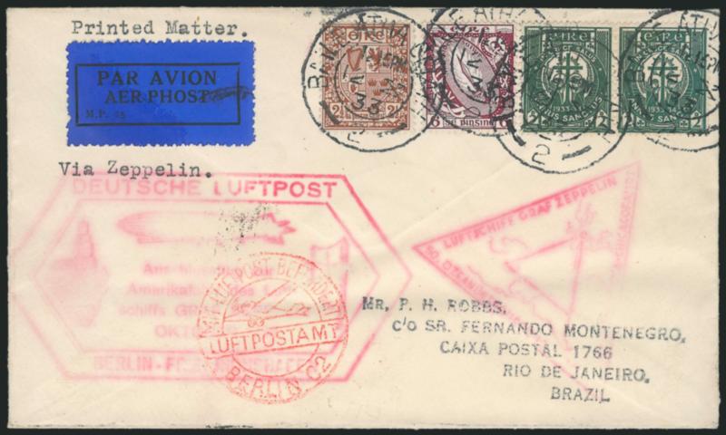 Ireland Zeppelin Covers.> Two, incl. Sieger 202 and 238E, former registered, both with appropriate cachets and transits, latter red cachets affected somewhat by exposure to water, otherwise Very Fine, <there
were reportedly only nine Irish franking c