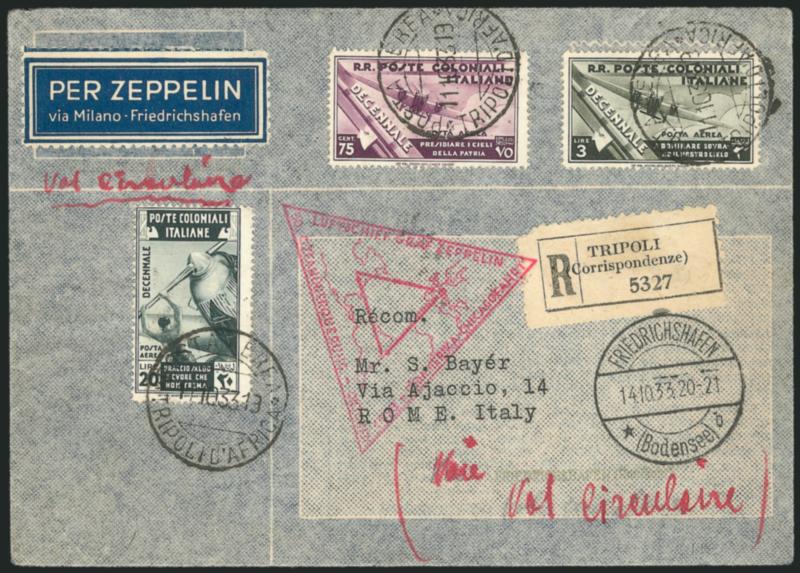 Italy and Colonies Zeppelin Flight Covers.> Six covers or cards, three different flights, beautiful range of frankings, incl. Libya, Italian Colonies, Cyrenaica, Somalia and Rhodes and Italy mixed franking,
virtually all Fine-Very Fine