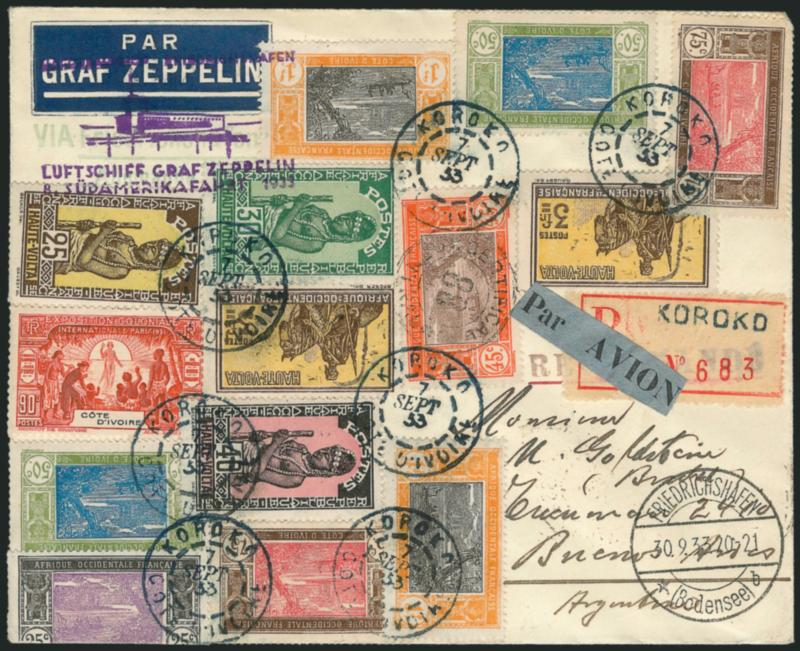 Ivory Coast Zeppelin Cover.> Seventeen pictorials (three on back) from either Ivory Coast or Upper Volta tied by Koroko Cote DIvoire Sep. 7 1933 double-circle datestamps, 8th South America Flight, on
registered cacheted cover to Buenos Aires, range