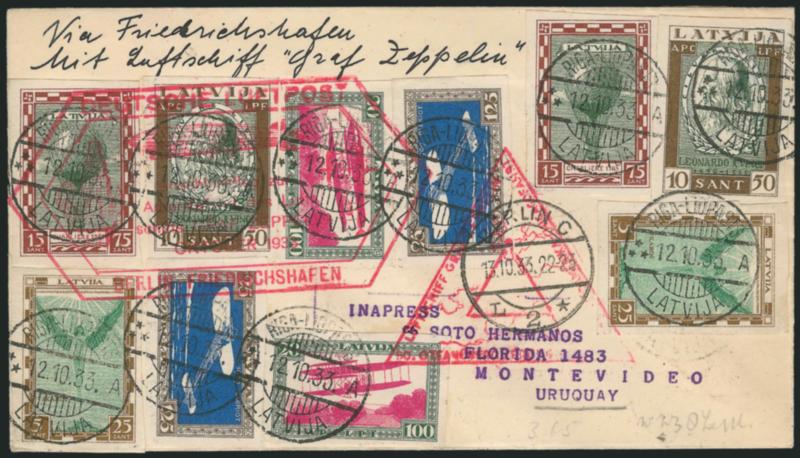1933, October 14-November 2 Century of Progress Flight, Latvia to Montevideo, Uruguay Via Brazil (Sieger 238).> Franked with four sets of 1932 Air Post Imperforates on front and back of cover (also two other
regular issues), tied by Riga circular dat