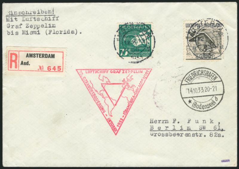 1933, October 14-November 2 Century of Progress Flight, Netherlands to Miami (Sieger 238).> Registered cover franked with two different Air Post Nos. C5-C6 tied by Amsterdam circular datestamps, red triangular
flight cachet, backstamped with purple 