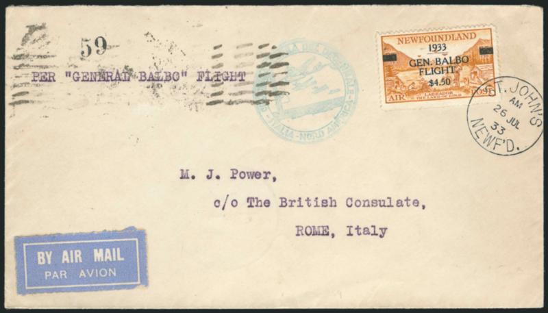 Newfoundland, 1933, $4.50 on 75c Balbo Flight (C18).> Tied by St. Johns Newfd 26 Jul. 33 circular datestamp on General Balbo Squadron Flight cover to Rome, blue cachet, Shoal Harbor and Rome backstamps,
Fine