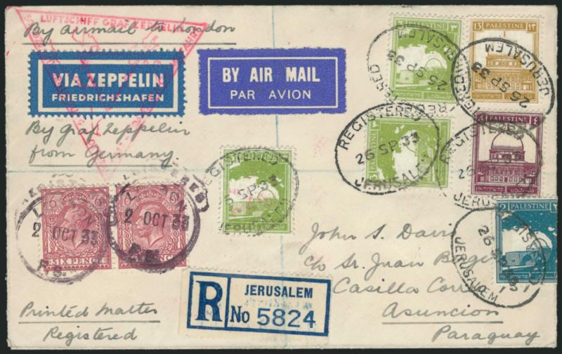 1933, October 14-November 2 Century of Progress Flight, Great BritainPalestine to Ascuncion, Paraguay (Sieger 238E).> Two 6p GB and six Palestine stamps (28m total), one was overlapped at right and small piece
missing, tied by London and Jerusalem R