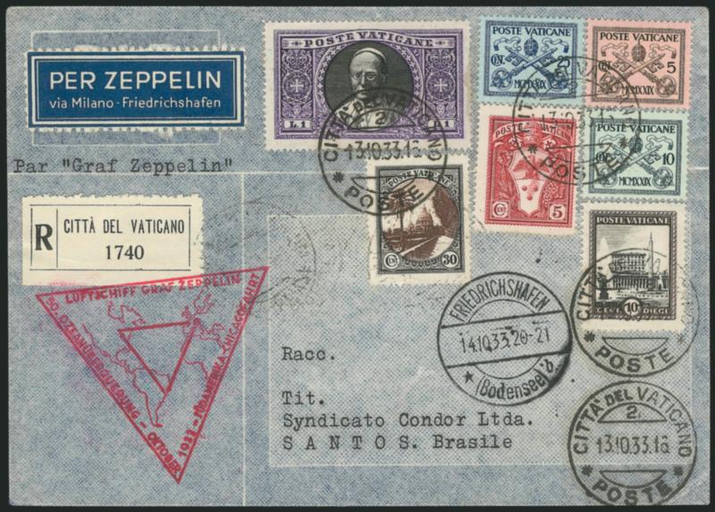 1933, October 14-November 2 Century of Progress Flight, Vatican City to Santos, Brazil (Sieger 238).> Seven different Vatican City stamps on front, <two different Italian Air Post stamps on back,> tied by
October 13, 1933 Vatican City and Milan circu