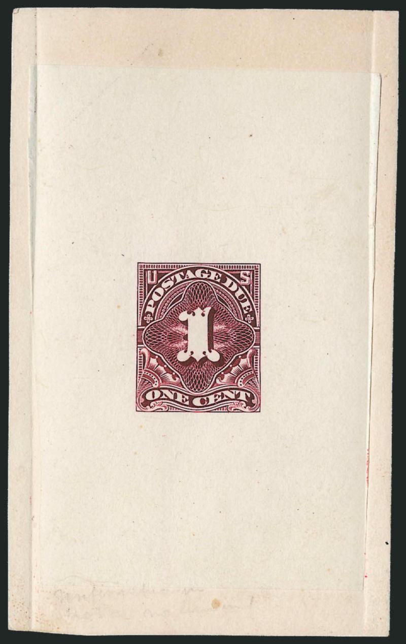 1c Deep Claret, Large Die Essay on India (J31-E1).> On 57 x 94mm card with die sinkage at sides, deep rich color, numeral without engraved lines, Very Fine and choice, probably unique, ex Earl of Crawford and
Whitpain