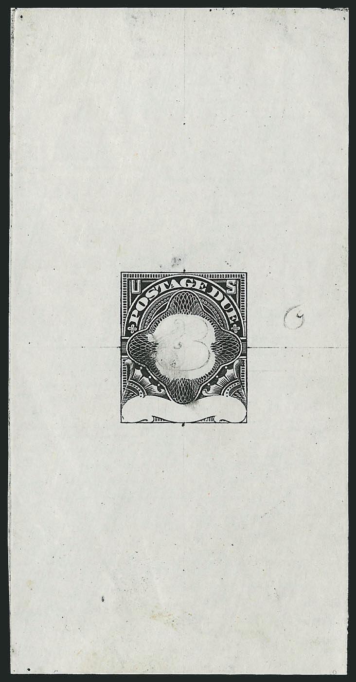 3c Black, Large Die Essay on India (J33-E1).> 51 x 100mm, off card, with pencil 3 at center and with most design details incomplete, tiny thin spot just above design, Very Fine, a visually striking essay which
is likely unique, ex Whitpain