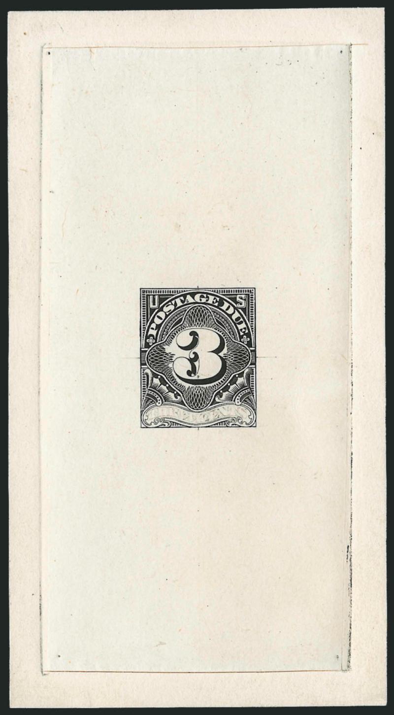3c Black, Large Die Essay on India (J33-E2).> On 60 x 111mm card with full die sinkage, more complete than the previous lot but with significant portions of the design incomplete and with pencil lettering in
bottom label, faint horizontal crease, Ver