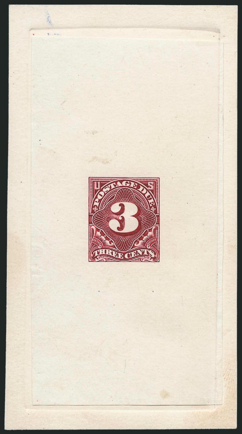 3c Claret, Large Die Essay on India (J33-E3).> On 61 x 111mm card with full die sinkage, rich color, with portions of design incomplete incl. lacking any engraved lines in the central numeral, fresh and Very
Fine, rare, ex Whitpain