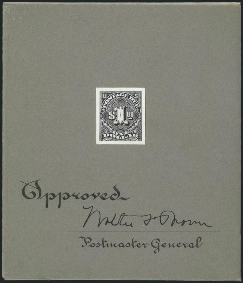 $1.00 Black, Die Essay on White Card (J67-E1).> Stamp size and mounted on 117 x 123mm gray card with ms. <<Approved Walter F. Brown, Postmaster General>>, bright and fresh<><>^VERY FINE. THE UNIQUE APPROVAL
DIE ESSAY FOR THE UNISSUED 1917 $1.00 P