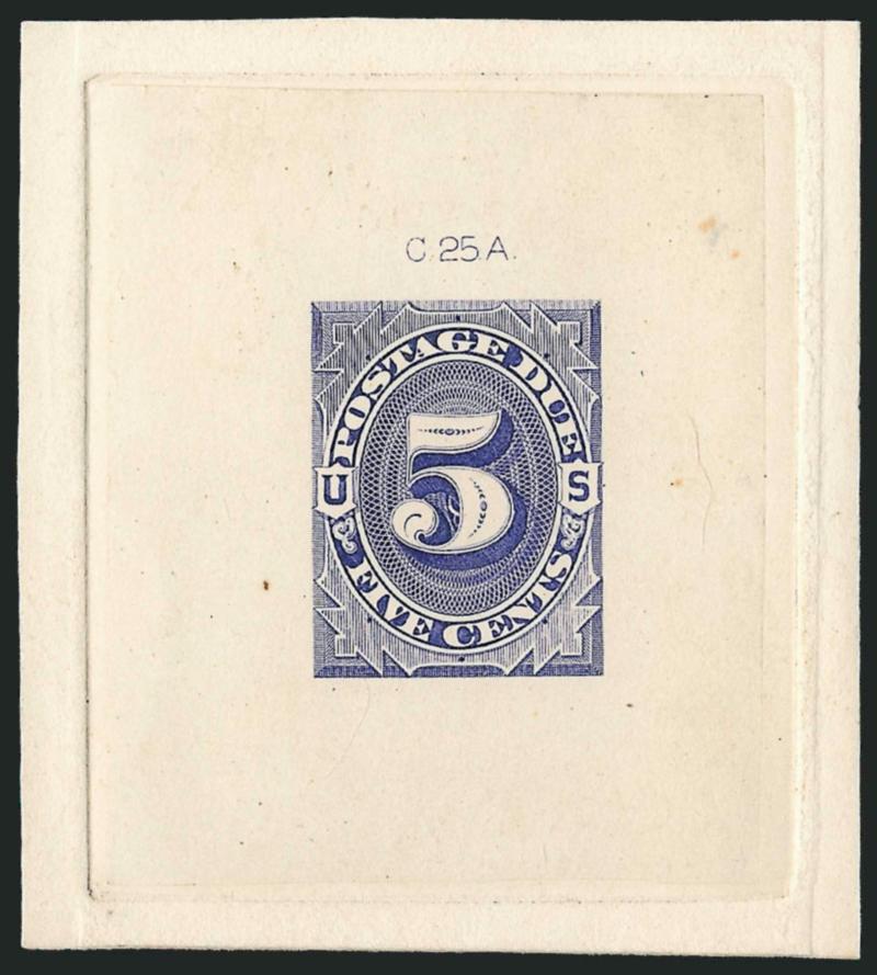 2c-5c 1879 Postage Due, Large Die Trial Color Proofs in Ultramarine (J2TC1-J4TC1).> On 57 x 63mm die sunk cards, die numbers at top, Very Fine-Extremely Fine