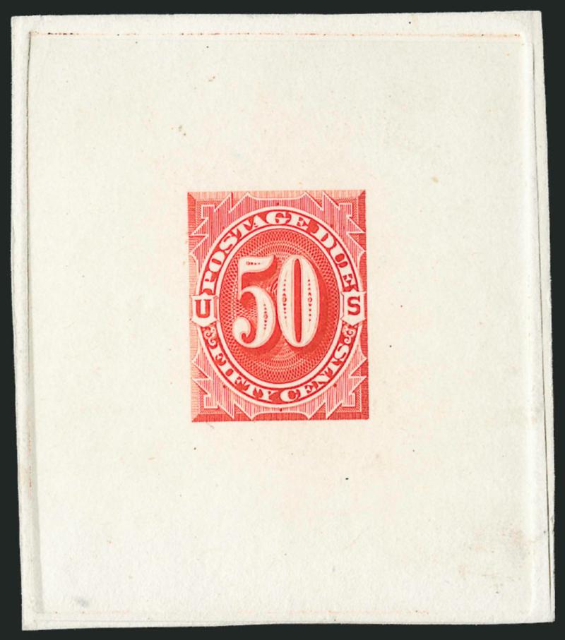 3c-50c 1879 Postage Due, Large Die Trial Color Proofs in Red Orange (J3TC1-J7TC1).> Complete less 1c and 2c, on die sunk cards, 1c-5c 55 x 62mm, 10c-50c 60 x 68mm, 1c-5c with die numbers at top, Very
Fine-Extremely Fine