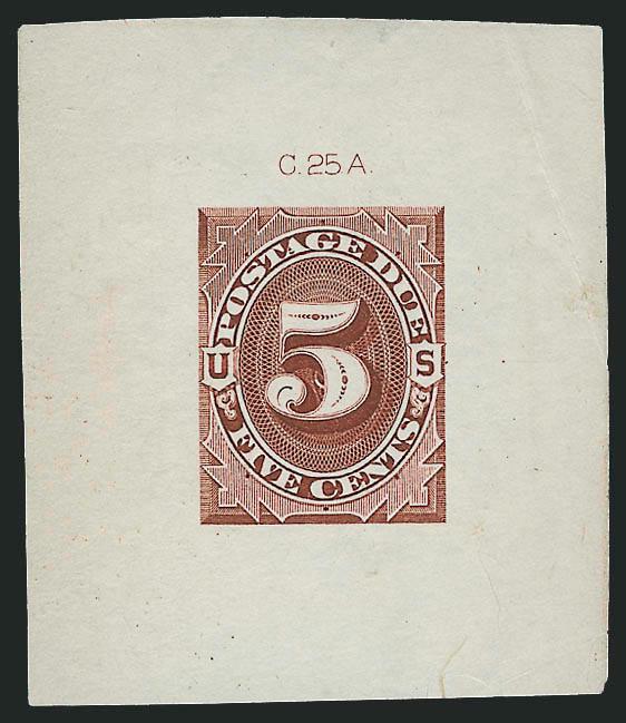 5c 1879 Postage Due, Red Brown and Bright Claret Large Die Trial Color Proofs on India (J4TC1).> C.25.A die imprints, off card, 44 x 53mm, former crease at top and bottom right, both well-clear of design,
otherwise Very Fine, <both of these shades