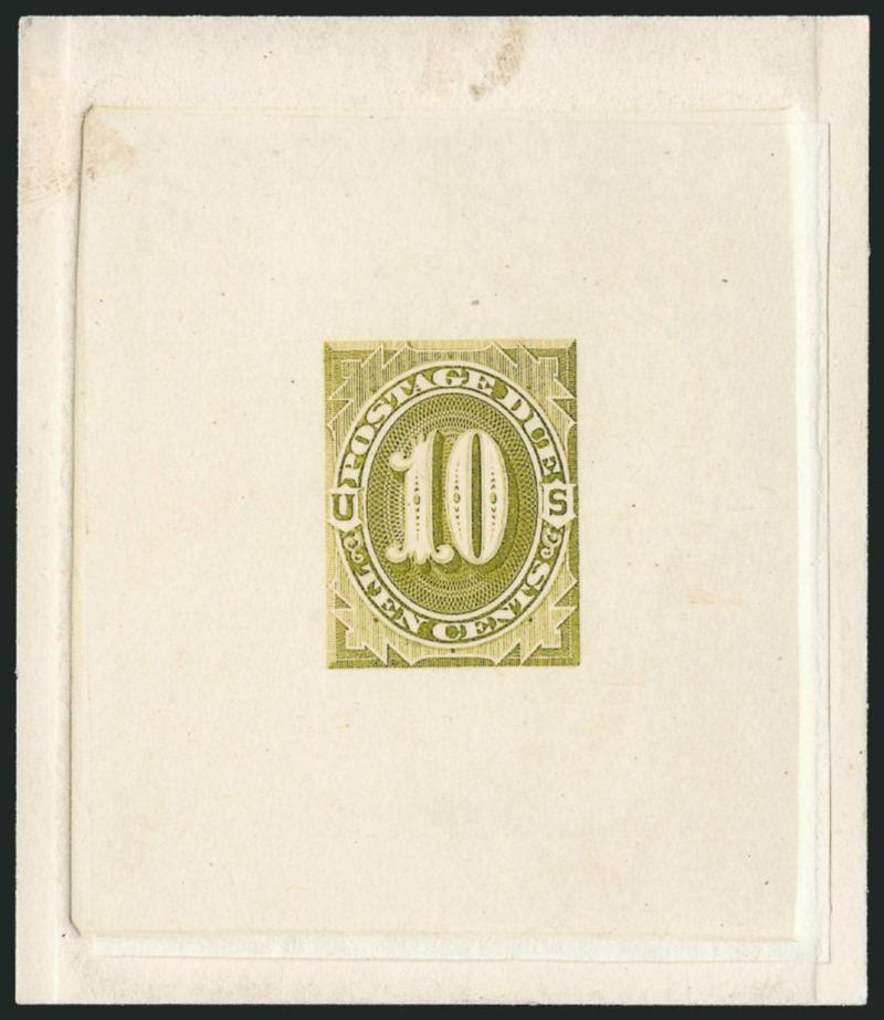10c 1879 Postage Due, Large Die Trial Color Proof (J5TC1).> Four, on die sunk cards, 64 x 70mm and larger, one with some tiny toning specks, otherwise Very Fine-Extremely Fine