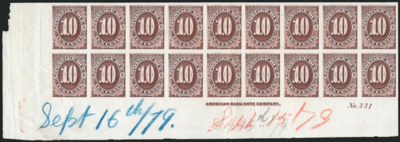 10c Dark Brown, 1879 Postage Due, Plate Proof on India (J5P3).> Bottom left imprint and plate no. 331 block of 18, pencil and red and blue crayon proofing dates of September 15th and 16th, 1879, Extremely
Fine, choice exhibition piece