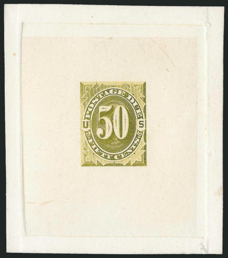 50c 1879 Postage Due, Large Die Trial Color Proof (J7TC1).> Four different colors, die sunk on cards, one 60 x 68mm, others 66 x 76mm, Very Fine-Extremely Fine