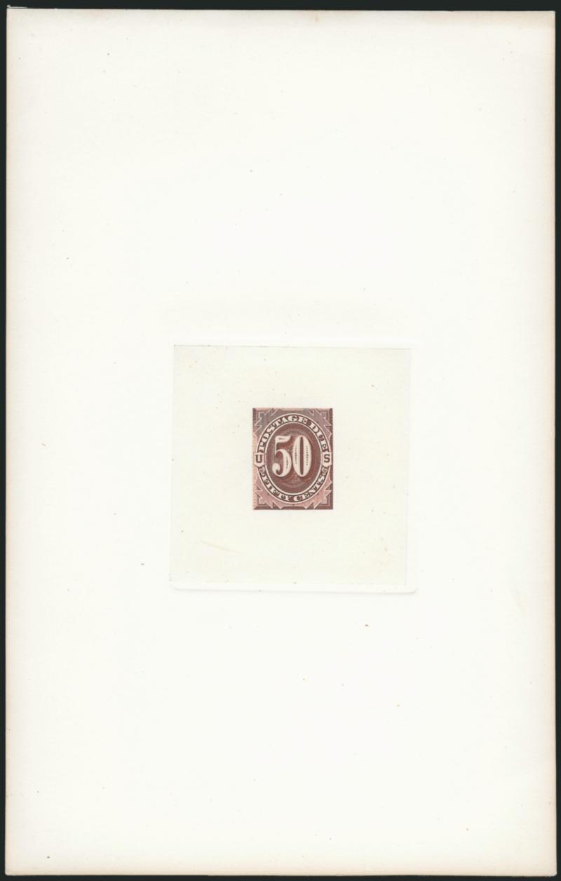 1c-50c Brown, 1879 Postage Due, Hybrid Large Die Proofs (J1P1-J7P1 var.).> On full size 137 x 215mm die sunk cards with gold gilt edging, at one time part of a presentation book, Very Fine and choice, scarce
set, Scott Retail as normal large die proo