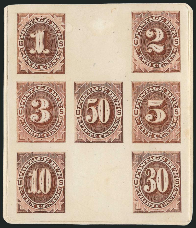 1c-50c Brown, 1879 Postage Due, Hybrid Composite H Proof (J1P3-J7P3 var.).> The seven values on India paper cut close and pressed on die sunk 78 x 91mm card, Very Fine, this is the so-called H proof because of
the manner in which the proofs are a