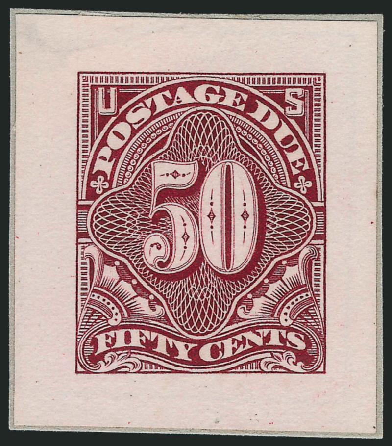 1c-50c Claret, 1894 Postage Due, Small Die Proofs (J31P2-J37P2).> On small gray cards from a Roosevelt album, 3c shows die crack as always, fresh and Extremely Fine, only 85 sets issued
