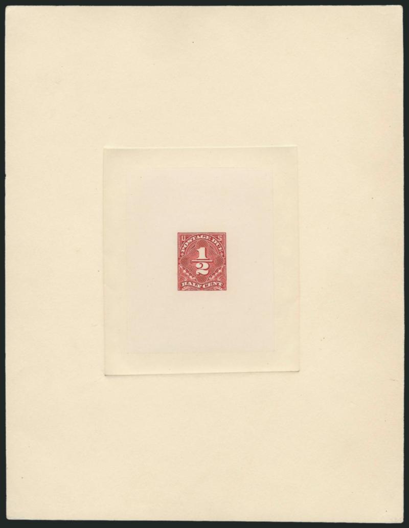-12c Dull Red, 1925 Issue, Large Die Proof (J68P1).> Die sunk on large card, blue control no. 326711 on back<><>^EXTREMELY FINE. ONE OF ONLY THREE RECORDED LARGE DIE PROOFS OF THE 1925 HALF-CENT POSTAGE DUE
ISSUE.^<><>Ex Franklin D. Roosevelt