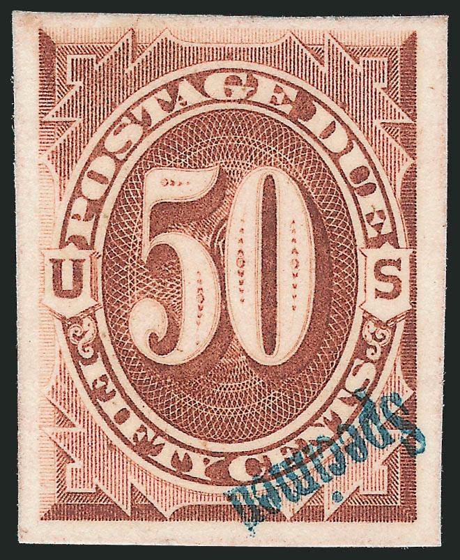 1c-50c Brown, 1879 Postage Due, Plate Proofs on Card, 10-12mm Blue Specimen Ovpt. (J1P4S var-J7P4S var).> Ovpts. diagonal, five are inverted, large to huge margins, Extremely Fine, only one or two sets
believed to exist