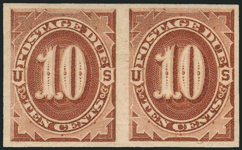 10c Brown, Imperforate (J5a).> Horizontal pair, large margins all around, original gum, deep rich color and sharp proof-like impression<><>^EXTREMELY FINE. A VERY RARE IMPERFORATE PAIR OF THE 10-CENT BROWN
LARGE NUMERAL POSTAGE DUE.^<><>Ex Golin.