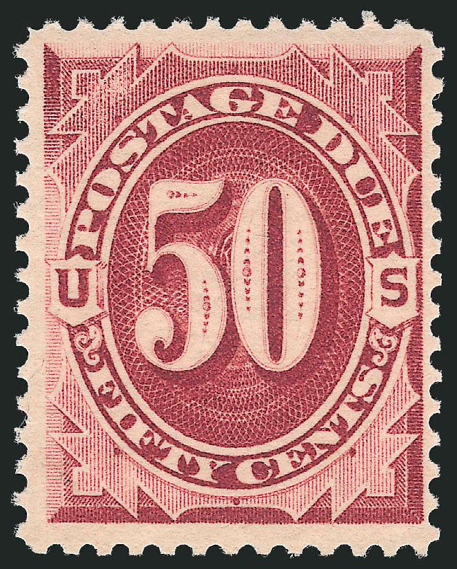 50c Bright Claret (J28).> Mint N.H., choice margins, vivid color with clear impression, Very Fine, accompanied by top No. selvage that has fallen off, with 1992 P.F. certificate