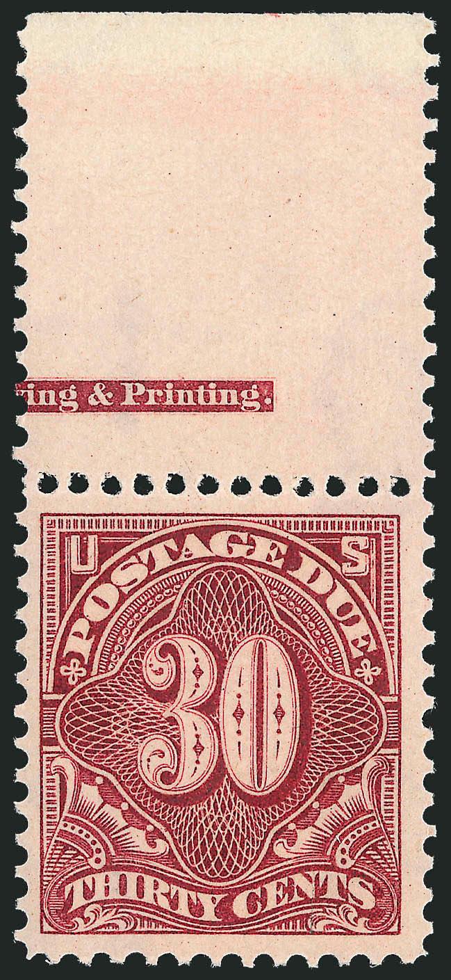 30c Deep Claret (J43).> Original gum with top part imprint selvage, barely hinged, wide margins, sharp color and impression, Very Fine and choice, with 1989 P.F. certificate