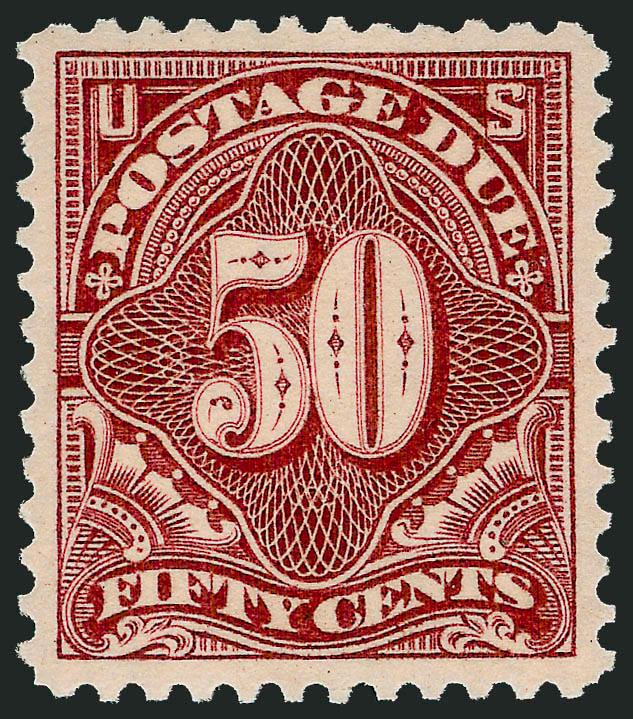 50c Deep Claret (J44).> Mint N.H., intense shade and impression, choice centering with well-proportioned margins<><>^EXTREMELY FINE. A BEAUTIFUL MINT NEVER-HINGED EXAMPLE OF THE 50-CENT DEEP CLARET 1897
POSTAGE DUE ISSUE. THIS BUREAU ISSUE IS ONE O