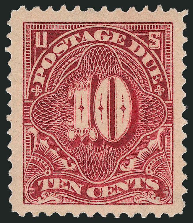 10c Deep Claret (J49).> Mint N.H., color described on accompanying certificate as Carmine Rose but comparing it to others we feel confident that it is in the richer Deep Claret family, Jumbo margins and nearly
perfectly centered, fresh and Extremely