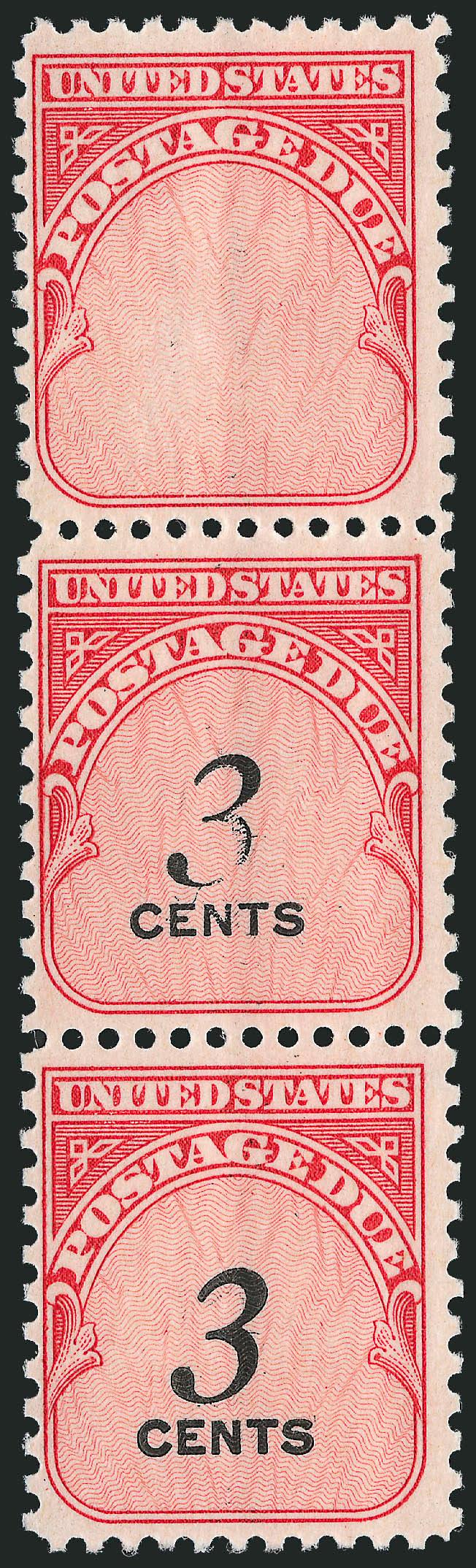 3c Carmine Rose, Pair, One Without 3 Cents (J91a).> Mint N.H. transitional strip of three, bottom 3 CENTS complete, middle virtually complete, top blank, Very Fine