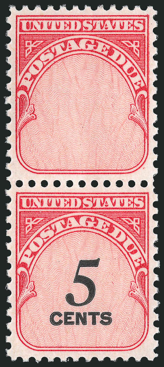 5c Carmine Rose, Pair, One Without 5 Cents (J93a).> Mint N.H., excellent centering, bright and crisp, Extremely Fine and rare
