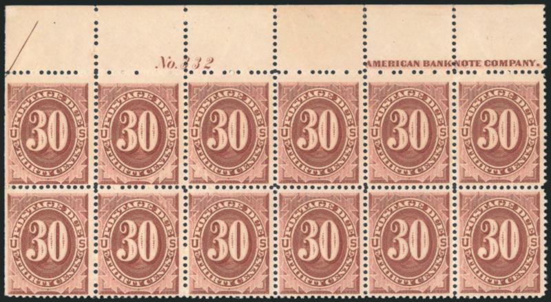 30c Red Brown (J20).> Mint N.H. top imprint and plate no. 332 block of twelve, natural s.e. with part arrow at left, bright shade, well-proportioned margins<><>^VERY FINE AND CHOICE. A RARE MINT NEVER-HINGED
PLATE BLOCK OF TWELVE OF THE 1884 30-CEN