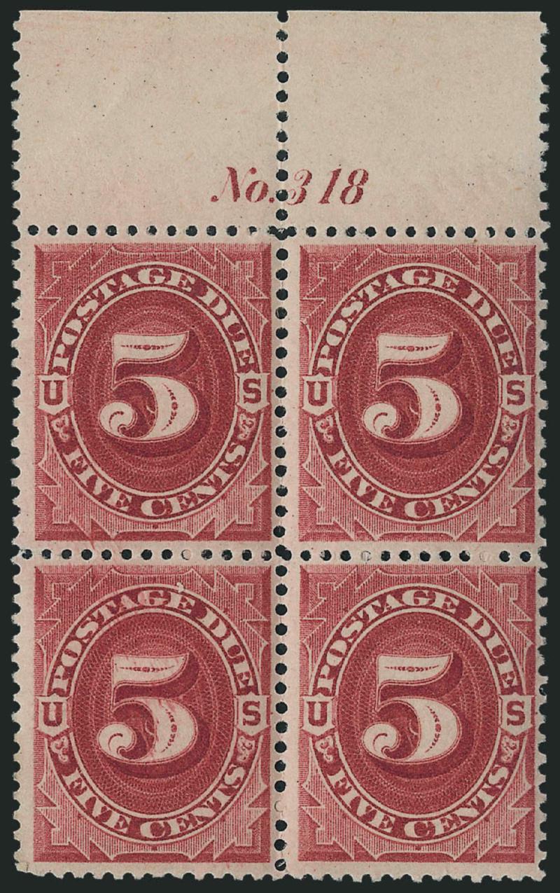 1c, 3c, 5c Bright Claret, 1891 Postage Due (J22, J24-J25).> 1c top part imprint and plate no. 313 block of eight, other two blocks of four with plate nos. 317 and 318 respectively, original gum, six 1c Mint
N.H., wonderfully fresh, lovely colors, one