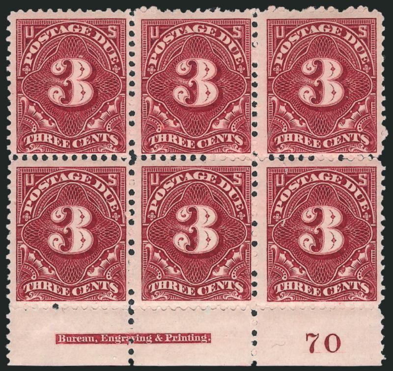 3c Deep Claret (J33).> Bottom imprint and plate no. 70 block of six, completely separated between pos. 25 and 36, stamps Mint N.H., small tear pos. 6, otherwise Fine-Very Fine, with clear 2003 P.S.E.
certificate, Scott Retail as six Mint N.H. singl