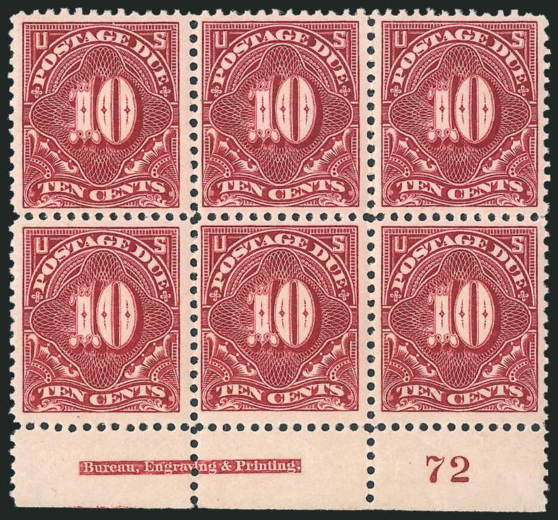 10c Deep Claret (J35).> Mint N.H. bottom imprint and plate no. 72 block of six, deep rich color on bright paper, well-balanced margins throughout<><>^VERY FINE AND CHOICE. A RARE MINT NEVER-HINGED PLATE BLOCK
OF THE 10-CENT 1894 UNWATERMARKED BUREA