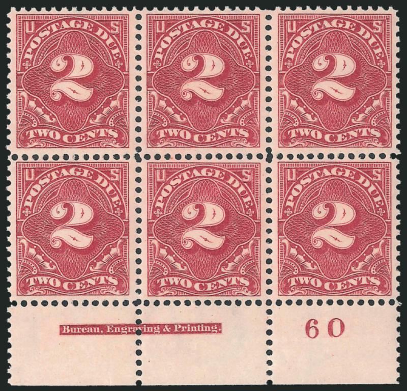 2c Deep Claret (J39).> Mint N.H. bottom imprint and plate no. 60 block of six, sensational centering for this tightly-margined issue, wonderfully fresh and crisp, Extremely Fine, truly outstanding plate
block