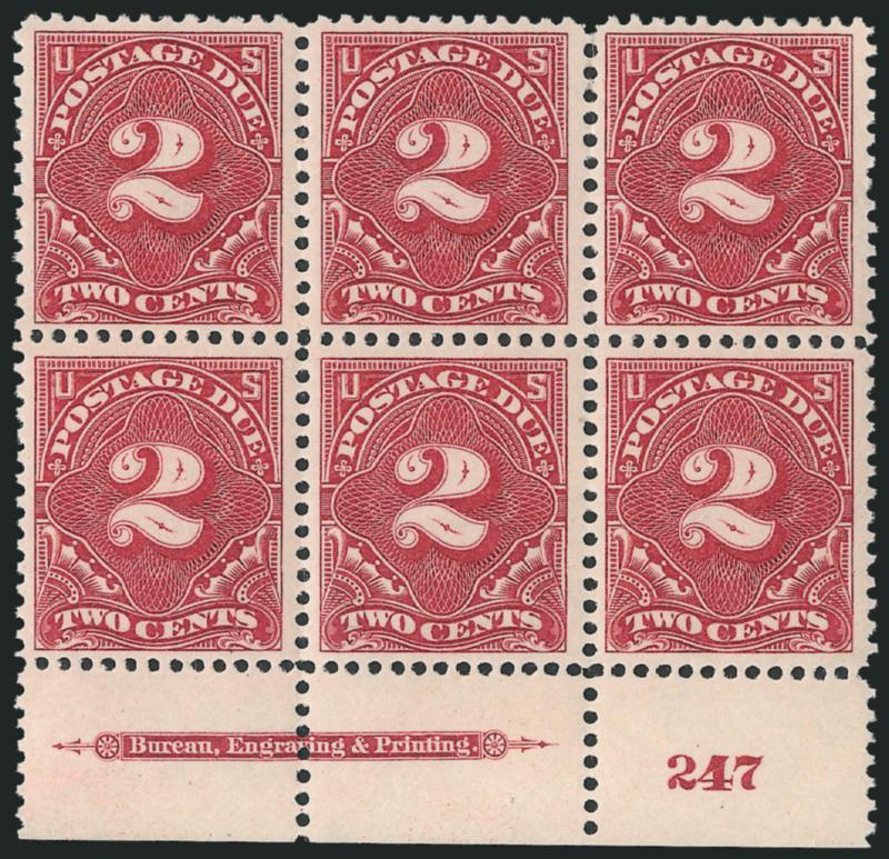 2c Deep Claret (J39).> Mint N.H. bottom imprint and plate no. 247 block of six, extraordinarily well-centered, Very Fine-Extremely Fine