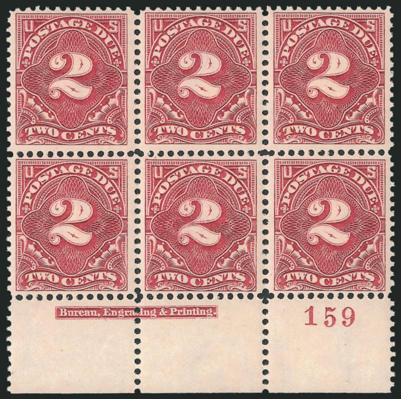 2c Deep Claret (J39).> Mint N.H. bottom imprint and plate no. 159 block of six, choice centering, Very Fine-Extremely Fine, lovely plate block, with 2003 P.F. certificate