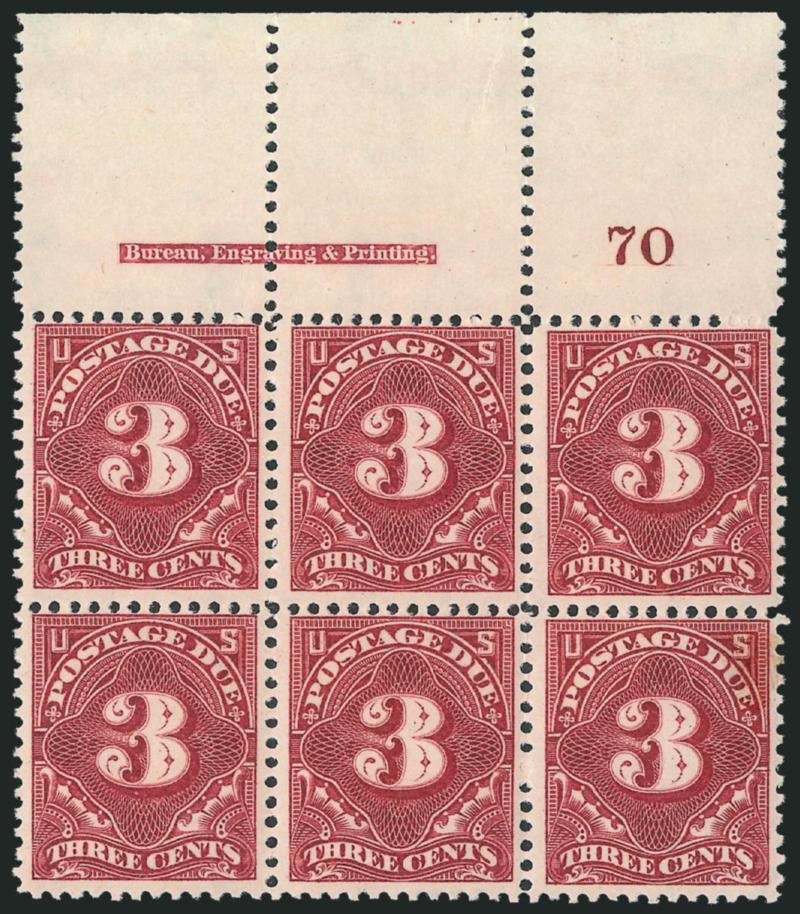 3c Deep Claret (J40).> Wide top imprint and plate no. 70 block of six, original gum, lightly hinged in selvage, pos. 5 h.r., others Mint N.H., Fine
