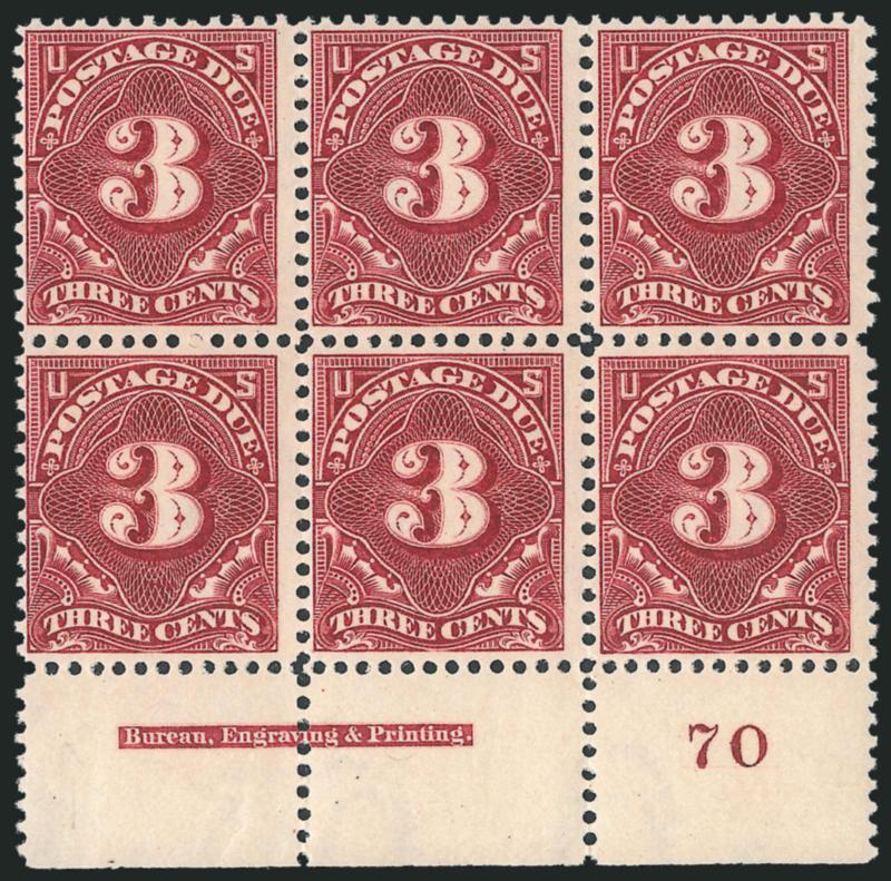3c Deep Claret (J40).> Mint N.H. bottom imprint and plate no. 70 block of six, deep rich color, Fine