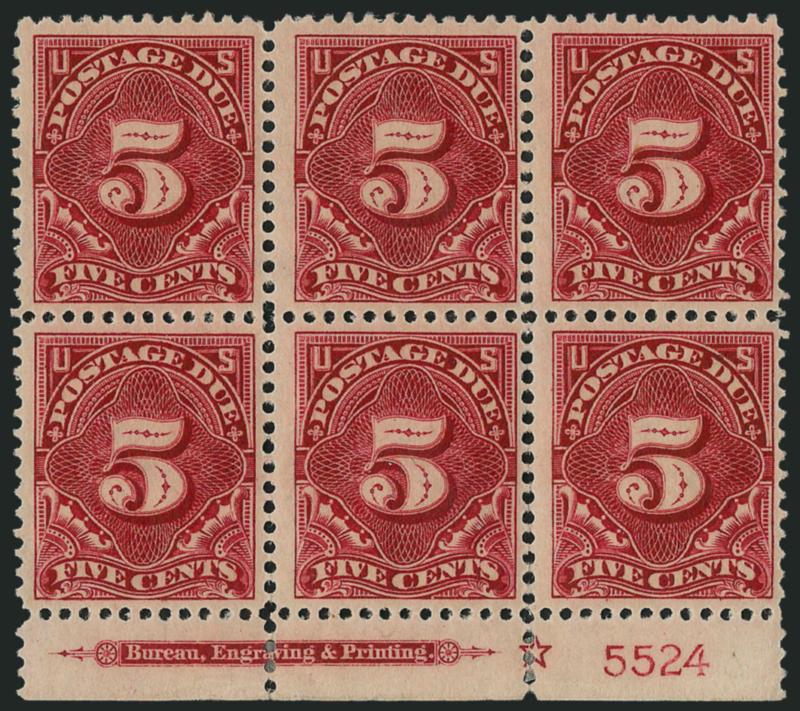5c Deep Claret (J48).> Bottom imprint, star and plate no. 5524 block of six, original gum, deep rich color, couple tiny selvage reinforcements, Fine-Very Fine