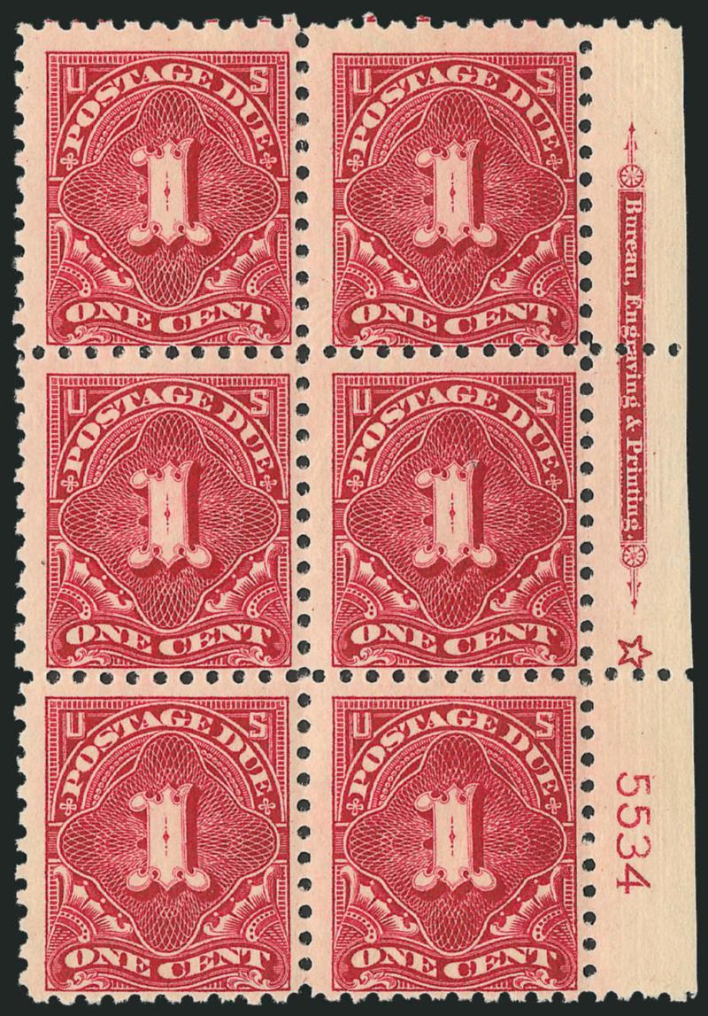 1c Carmine Lake (J52).> Mint N.H. right imprint, star and plate no. 5534 block of six, selvage slightly reduced, Fine