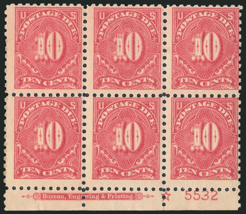 1c Carmine Lake, 5c, 10c Dull Rose (J52, J55a, J56a).> Imprint, star and plate no. blocks of six, 1c lightly hinged, 5c stamps Mint N.H., 10c Mint N.H., 5c minor natural crease and strengthened selvage
separations, 10c partly separated between pos. 4