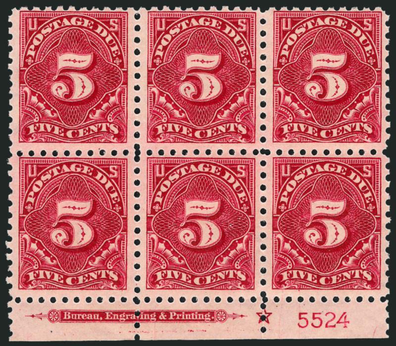 5c Carmine Lake (J55).> Mint N.H. bottom imprint, star and plate no. 5524 block of six, vibrant color on crisp paper, left pair vertical gum skip line, Fine